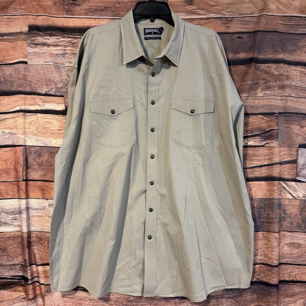 Panhandle Slim Shirt Mens XXL Khaki Tan Solid Western Pearl Snap Cotton Twill